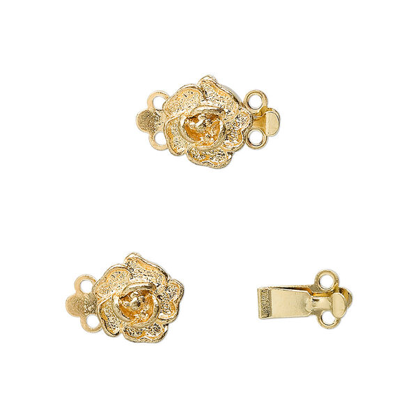 Clasp, 2-strand tab, gold-plated brass, 9x9mm single-sided rose. Sold per pkg of 10. image number 0