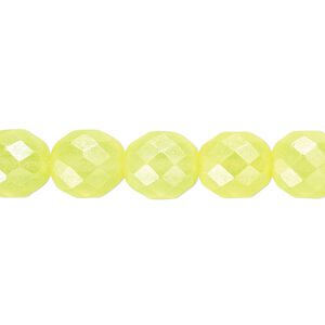 Bead, Czech fire-polished dipped décor glass, pearlescent light yellow, 10mm faceted round. Sold per pkg of 600 (1/2 mass).