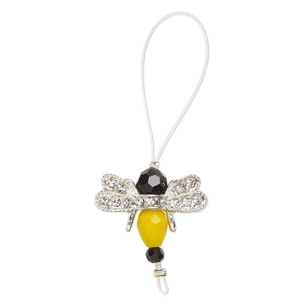 Bead, glass / glass rhinestone / silver-finished "pewter" (zinc-based alloy), opaque yellow / black / clear, 21x17mm bee. Sold per pkg of 2. image number 0
