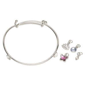 Bracelet / drop / charm assortment 1pkg5, antique silver-finished brass and steel / glass, amethyst / light amethyst / Provence lavender, mixed sizes and shapes, 7-1/2 inches