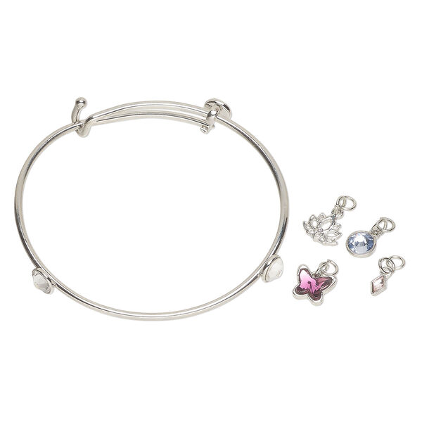 Bracelet / drop / charm assortment 1pkg5, antique silver-finished brass and steel / glass, amethyst / light amethyst / Provence lavender, mixed sizes and shapes, 7-1/2 inches image number 0