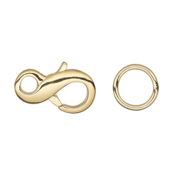 Clasp, lobster claw, gold-plated brass, 21x11mm infinity with (4) 12mm closed jump rings. Sold per pkg of 4. image number 0