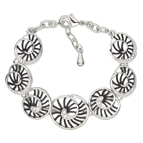 Bracelet, enamel / glass rhinestone / imitation rhodium-finished brass / steel / "pewter" (zinc-based alloy), black and clear, 21mm wide with nautilus, 6-1/2 inches with 1-1/2 inch extender chain and lobster claw clasp. Sold individually. image number 0
