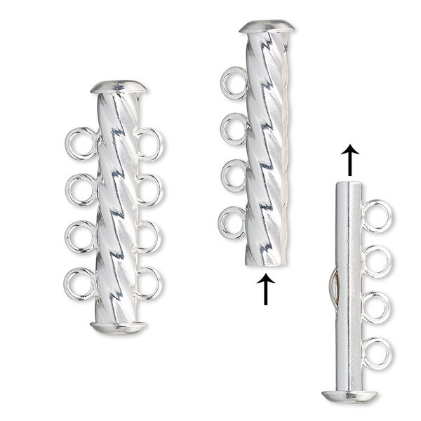 Clasp, 4-strand slide lock, silver-plated brass, 26x6mm corrugated round tube. Sold per pkg of 4. image number 0