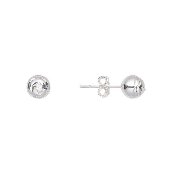 Earstud, sterling silver, 6mm diamond-cut ball with post. Sold per pair. image number 0