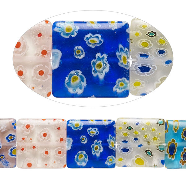 Bead, millefiori glass, opaque to transparent multicolored, 18mm puffed square with 0.6-0.8mm hole. Sold per 14-inch strand. image number 0