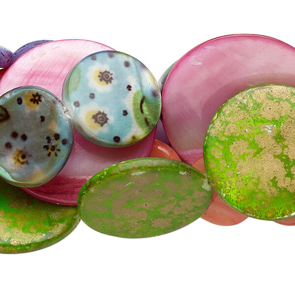 Bead mix, mother-of-pearl shell (natural / bleached / dyed / coated), mixed colors, 9-30mm puffed flat round with decal, Mohs hardness 3-1/2. Sold per pkg of (5) 14- to 15" to 16" strands. image number 0