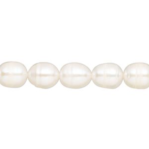 Pearl, cultured freshwater (bleached), white, 8x7mm rice, D grade, Mohs hardness 2-1/2 to 4. Sold per 15-inch strand.