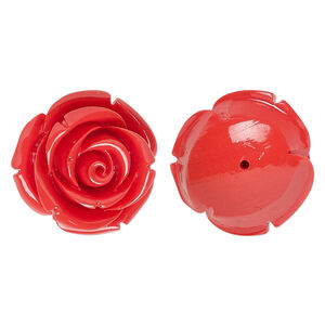 Bead, resin, red, 19x19mm half-drilled rose. Sold per pkg of 2.