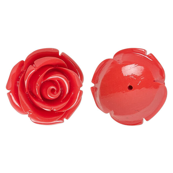 Bead, resin, red, 19x19mm half-drilled rose. Sold per pkg of 2. image number 0