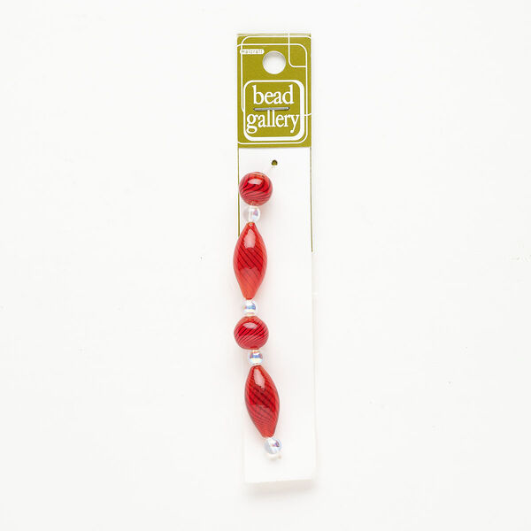 Bead 1pkg4 handblown glass, 11-12mm round / 25x12mm-27x13mm oval / line design, assortment translucent red / black image number 0