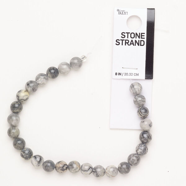 Bead black grey marble 1pk, 8mm round C grade natural, 8 inch image number 0