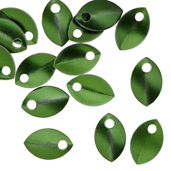 Component, anodized aluminum, dark green, 11x7mm 2-sided curved scale blank with 1.5mm hole, 20 gauge. Sold per pkg of 20. image number 0