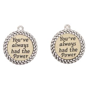 Charm, antique gold-finished "pewter" (zinc-based alloy), black, 24mm braided edge flat round with "You've always had the power". Sold per pkg of 2.