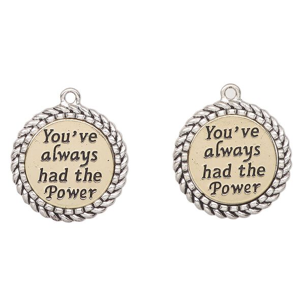 Charm, antique gold-finished "pewter" (zinc-based alloy), black, 24mm braided edge flat round with "You've always had the power". Sold per pkg of 2. image number 0