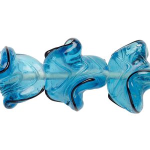 Bead, lampworked glass, blue and black, 22x20mm twisted leaf. Sold per 7-inch strand.