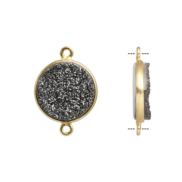 Link, titanium- / electro-coated druzy agate (coated) / gold-finished sterling silver, black, 15mm hand-cut single-sided flat round. Sold individually. image number 0