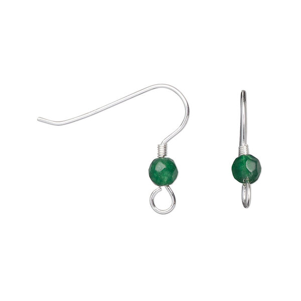 Ear wire, sterling silver and green onyx, 19mm fishhook with 4mm hand-cut faceted round and 2x1.5mm coil with open loop, 21 gauge. Sold per pair. image number 0