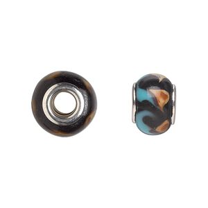 Bead, Dione®, lampworked glass with silver-plated steel grommets, black with brown and blue swirls, 14x10mm rondelle with 4.5-5mm hole. Sold per pkg of 6.