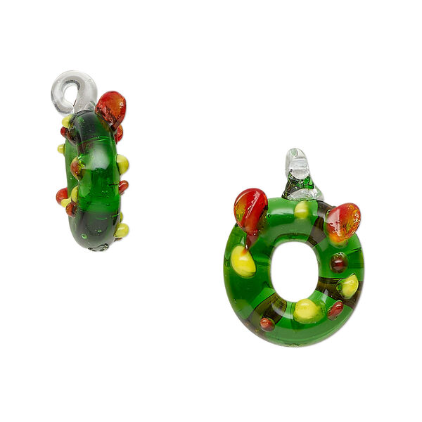 Drop, lampworked glass, opaque and translucent green / red / yellow, 14x12mm-20x19mm wreath. Sold per pkg of 2. image number 0