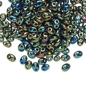 Seed bead, Preciosa Twin™ Czech glass, pkg/250g, 5x2.5mm oval, opaque olive iris black, (59155).