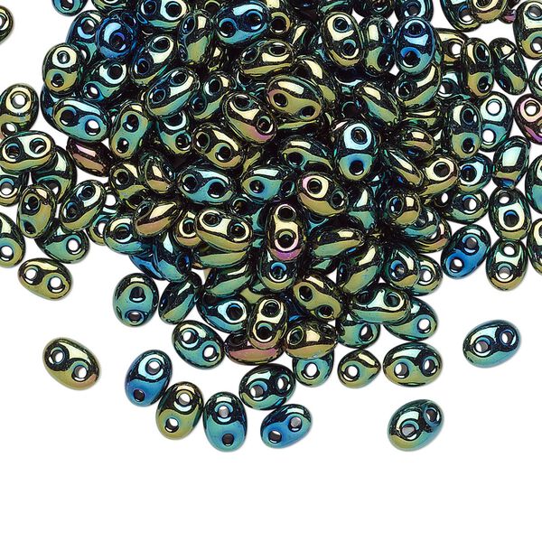 Seed bead, Preciosa Twin™ Czech glass, pkg/250g, 5x2.5mm oval, opaque olive iris black, (59155). image number 0