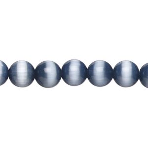 Bead, cat's eye glass (fiber optic glass), steel blue, 8mm round. Sold per 15-inch strand.