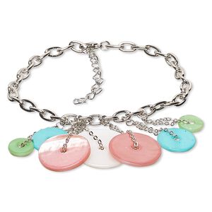 Bracelet, freshwater pearl shell (natural / bleached / dyed) with silver-finished steel and "pewter" (zinc-based alloy), multicolored, 1-1/2 inch dangle with 10-25mm round donut, 7-1/2 inches with 1-3/4 inch extender chain and lobster claw clasp. Sold individually.