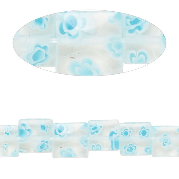 Bead, millefiori glass, translucent clear / blue / white, 7mm-9x8mm puffed square with flower design. Sold per 14-inch strand. image number 0
