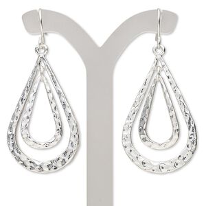 Earring, silver-finished steel and "pewter" (zinc-based alloy), 2 inches with double teardrop and fishhook ear wire. Sold per pair.