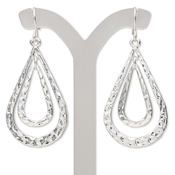 Earring, silver-finished steel and "pewter" (zinc-based alloy), 2 inches with double teardrop and fishhook ear wire. Sold per pair. image number 0