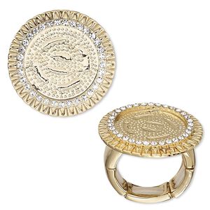 Ring, stretch, crystals and gold-finished "pewter" (zinc-based alloy), crystal clear, 27mm wide textured band with 18mm round setting, size 7-8. Sold individually.