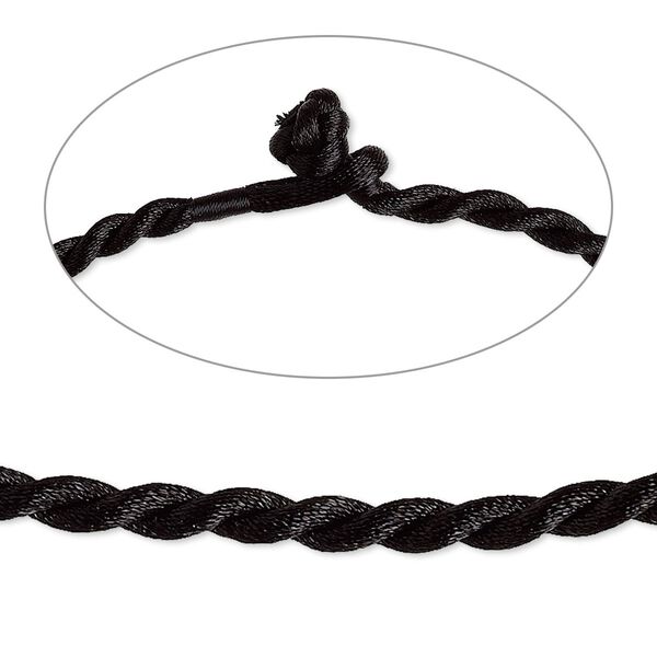 Necklace cord, satin-finished nylon, black, 5mm smooth twist, 20 inches with knot closure. Sold per pkg of 2. image number 0
