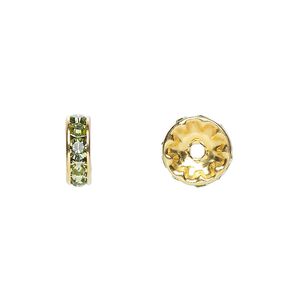Bead 4pk peridot gold plate foil back, Crystal Passions® 10x3.5mm rondelle 77510