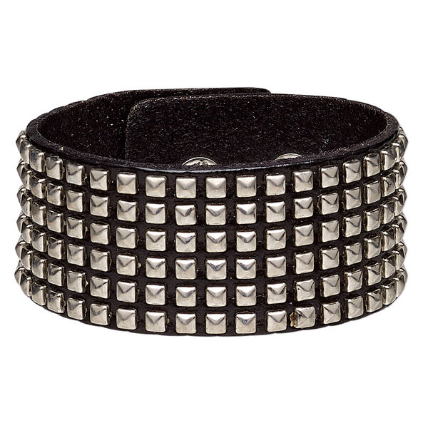 Bracelet, leather (dyed) and silver-plated steel, black, 35mm wide with square studs, adjustable at 5-1/2 and 6-1/2 inches with snap closure. Sold individually. image number 0