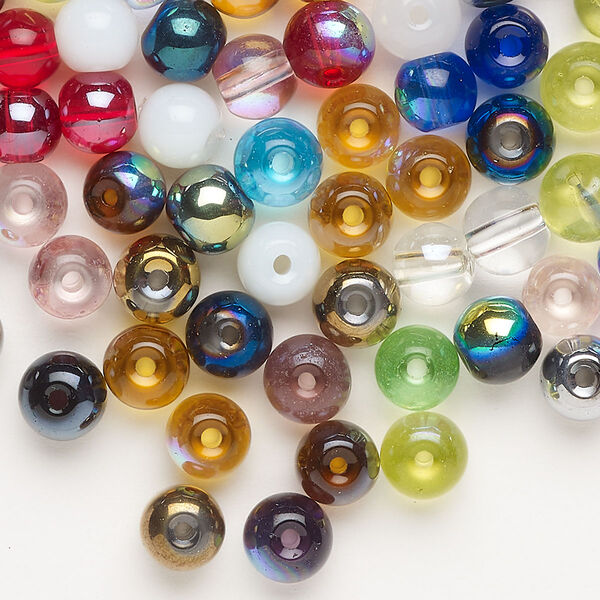 Bead mix, glass, pkg/1 ounce, opaque to transparent mixed colors, 5-7mm round. image number 0
