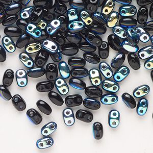 Seed bead, Preciosa Twin™ Pressed Twin Czech glass, pkg/200, 5x2.5mm oval, opaque AB black, (15296).