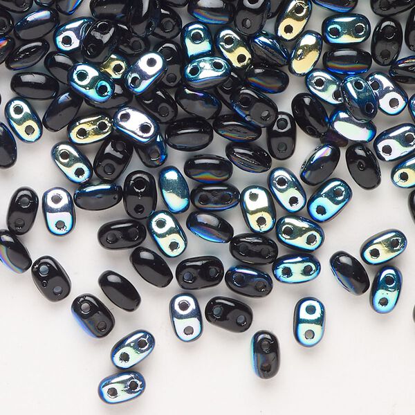 Seed bead, Preciosa Twin™ Pressed Twin Czech glass, pkg/200, 5x2.5mm oval, opaque AB black, (15296). image number 0