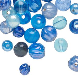 Bead mix, glass, translucent multi-blue, 6-10mm round. Sold per 2-ounce pkg, approximately 80 beads.