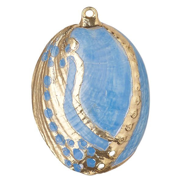 Focal, glistening abalone shell (dyed) and copper, pkg/1,  36x22-48x30mm oval, gold finish and blue. image number 0