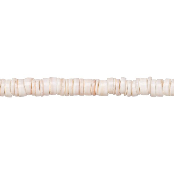 Bead, pink luanos shell (natural), light, 4-5mm hand-cut heishi, Mohs hardness 3-1/2. Sold per 15-1/2" to 16" strand. image number 0