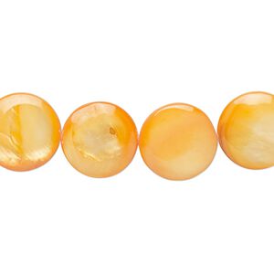 Bead, mother-of-pearl shell (dyed), orange, 12-13mm flat round with 0.6-1mm hole, Mohs hardness 3-1/2. Sold per 15-inch strand.