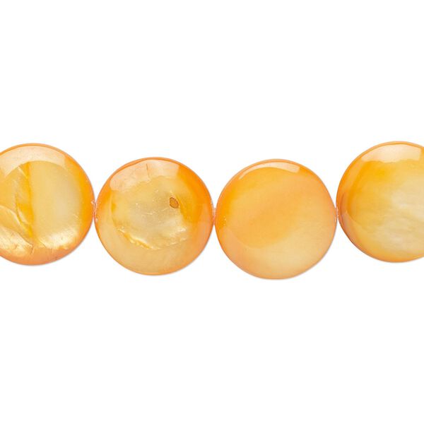 Bead, mother-of-pearl shell (dyed), orange, 12-13mm flat round with 0.6-1mm hole, Mohs hardness 3-1/2. Sold per 15-inch strand. image number 0