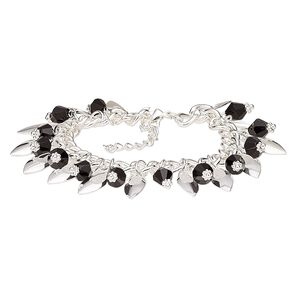 Bracelet, glass with silver-plated steel and "pewter" (zinc-based alloy), black, 24mm wide, 7 inches with 1-3/4 inch extender chain and lobster claw clasp. Sold individually.