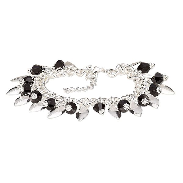Bracelet, glass with silver-plated steel and "pewter" (zinc-based alloy), black, 24mm wide, 7 inches with 1-3/4 inch extender chain and lobster claw clasp. Sold individually. image number 0