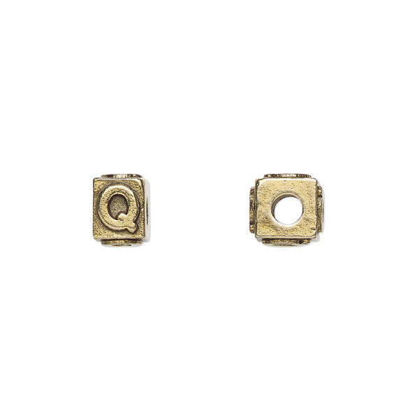 Bead, antique gold-plated pewter (tin-based alloy), 8x6mm rectangle with alphabet letter "Q." Sold per pkg of 4. image number 0