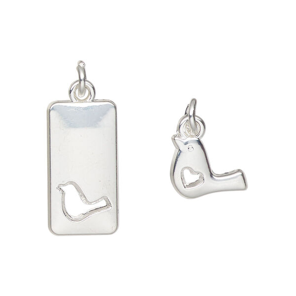 Charm, silver-finished "pewter" (zinc-based alloy) and steel, 20x10mm rectangle with bird cutout design and 13x8mm single-sided bird with heart cutout. Sold per pkg of (2) 2-piece sets. image number 0