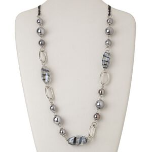 Necklace, acrylic / ribbon / glass / silver-coated plastic / silver-finished steel, black / clear / blue, oval, 54 inches with tie closure. Sold individually.