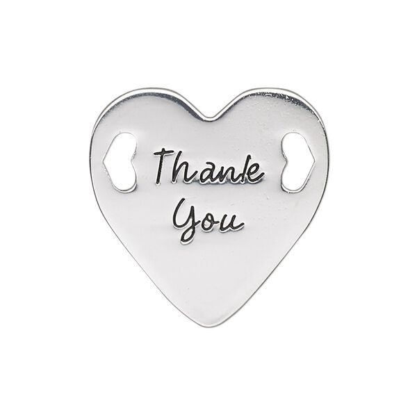 Link, antique silver-finished "pewter" (zinc-based alloy), 25.5mm single-sided flat heart with "Thank You." Sold individually. image number 0