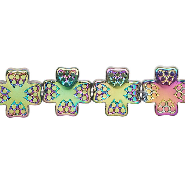 Bead, pressed glass, opaque iris multicolored, 12mm cross. Sold per 15-1/2" to 16" strand. image number 0